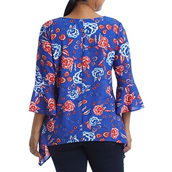 Relativity Plus Size Blue & Red Floral Shirt with 3/4 Bell Sleeves - 2X - Picture 3 of 3